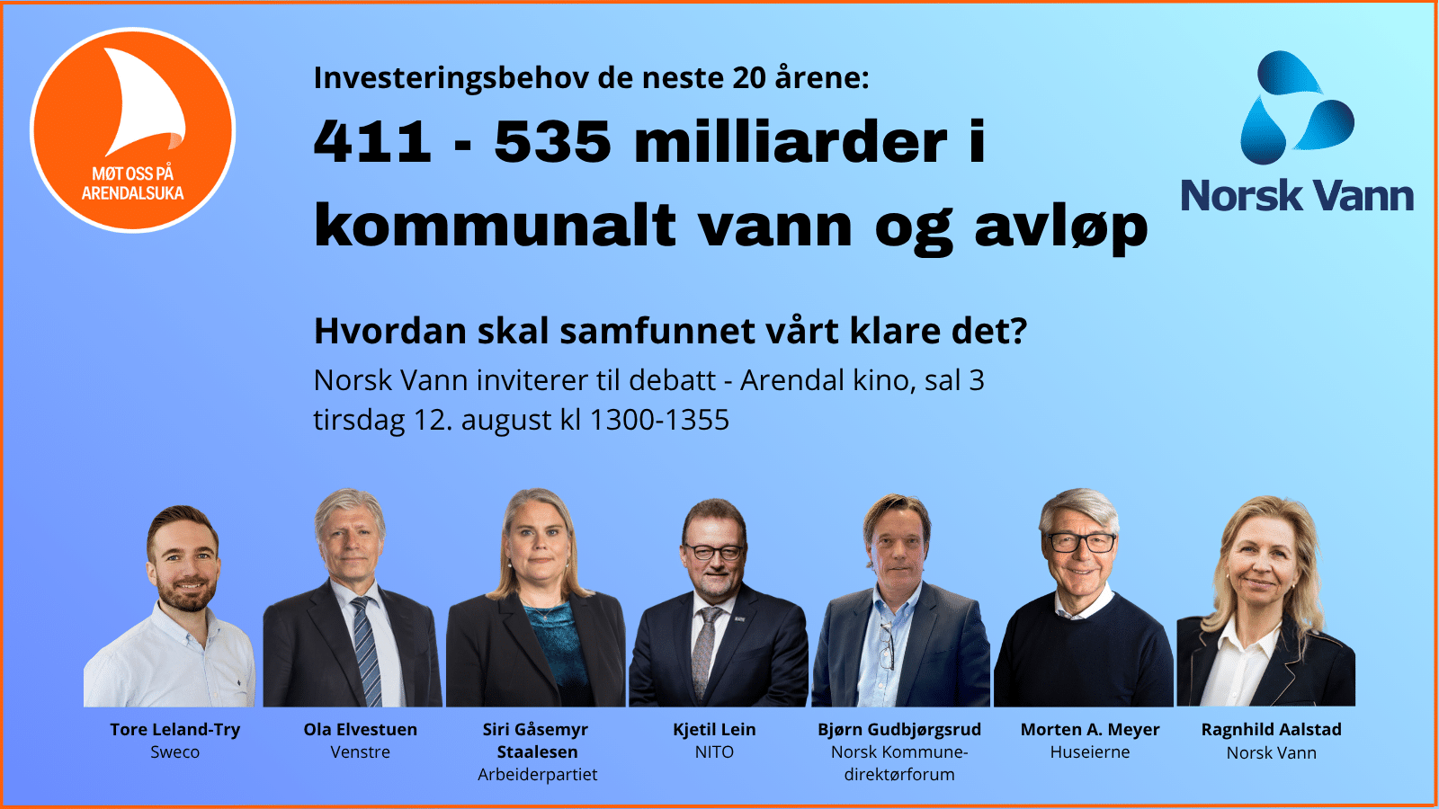 Banner for Norsk Vanns debatt på Arendalsuka 2025