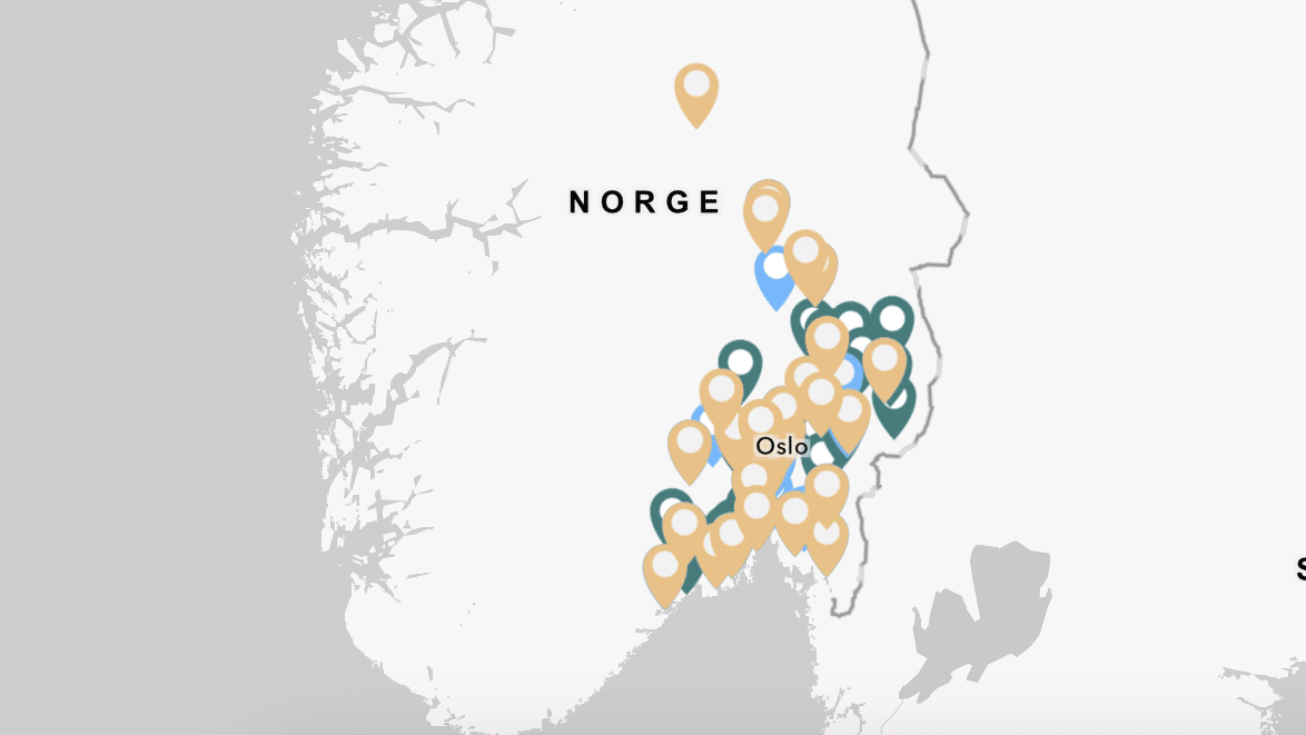 Kart med lokasjoner over prosjekter som får støtte til nitrogenfjerning i 2025